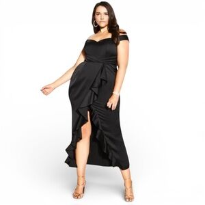 NWT City Chic Maxi Hypnotic Sweetheart Ruffle Empire Off Shoulder Black Dress 20